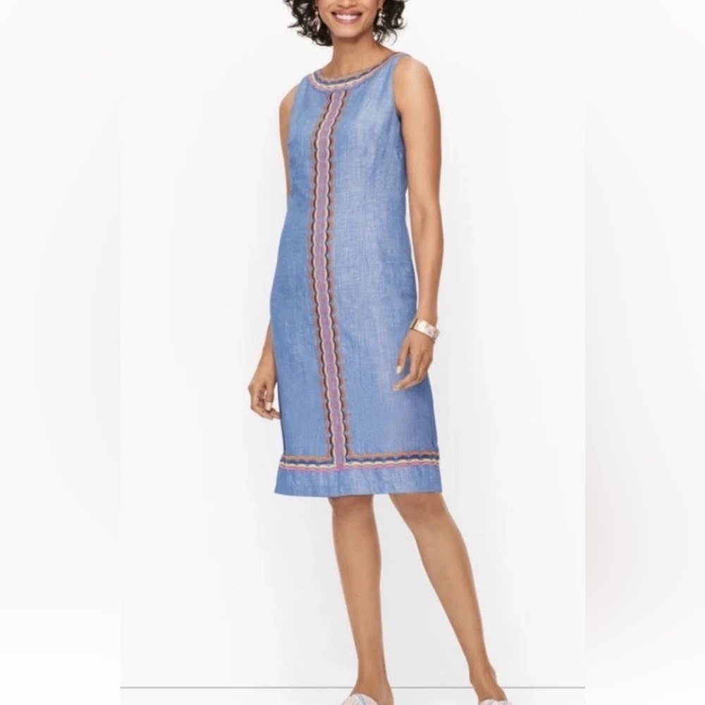 Talbots Chambray Colorful Scalloped Embroidery Shift Dress Sleeveless‎ Back Zip